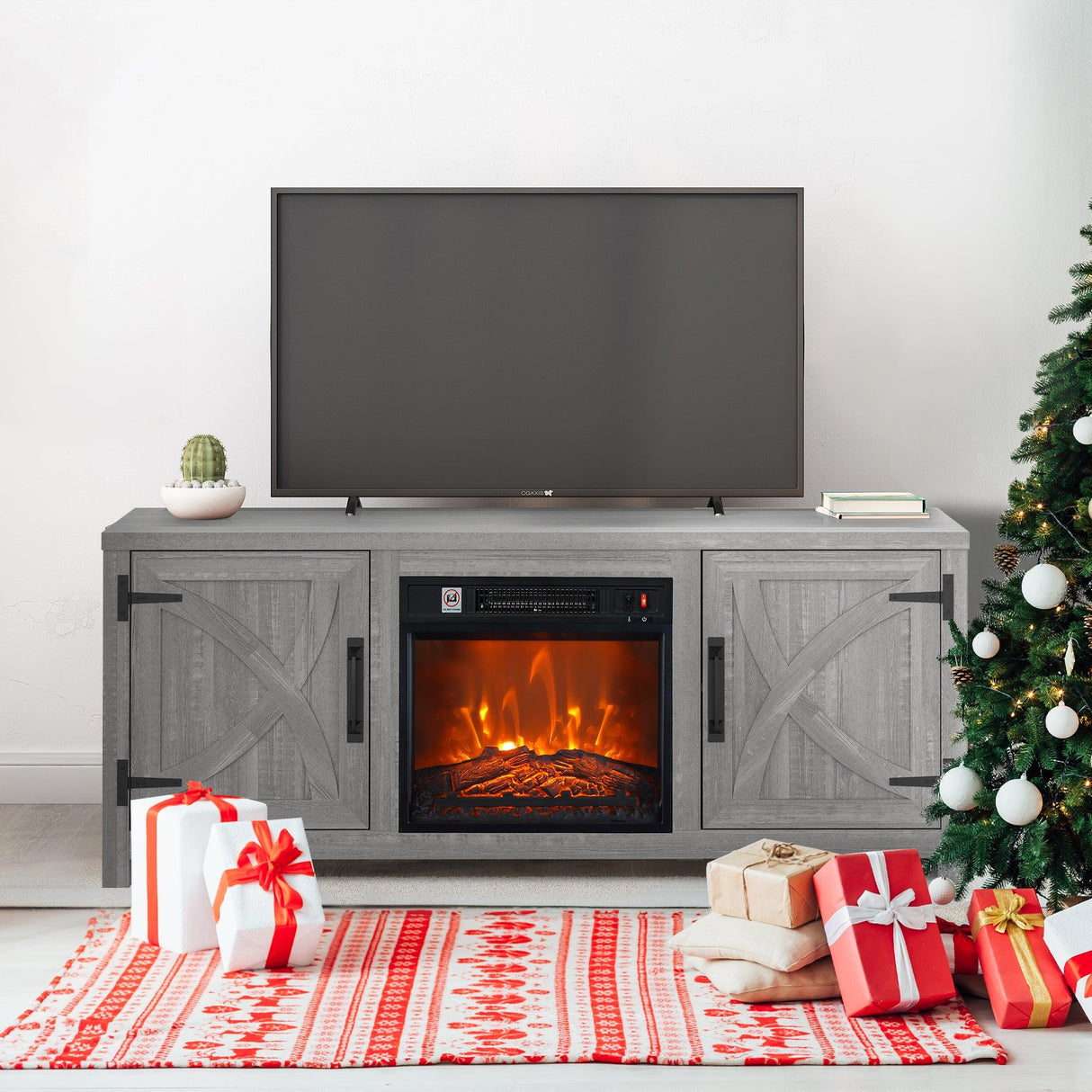 58" Farmhouse TV Stand with 18" Insert Electric Fireplace for Living Room-Parc Decor
