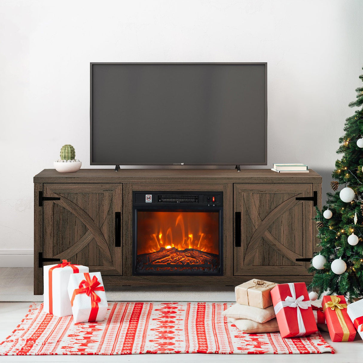 58" Farmhouse TV Stand with 18" Insert Electric Fireplace for Living Room-Parc Decor
