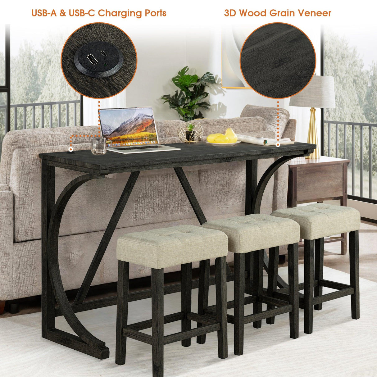 59" Rustic Dining&Bar Table Set with 3 Stools for Apartment, USB-A & USB-C Charging Ports-Parc Decor