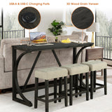 59" Rustic Dining&Bar Table Set with 3 Stools for Apartment, USB-A & USB-C Charging Ports-Parc Decor