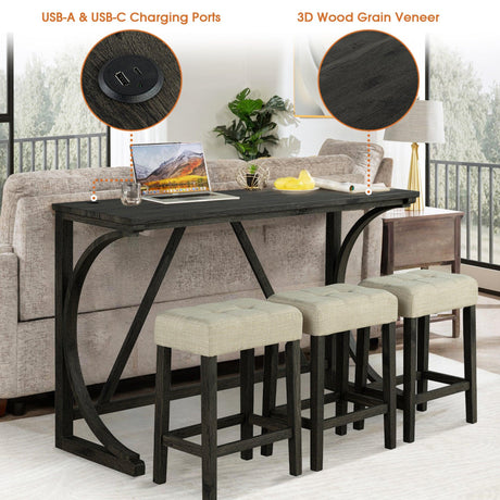 59" Rustic Dining&Bar Table Set with 3 Stools for Apartment, USB-A & USB-C Charging Ports-Parc Decor