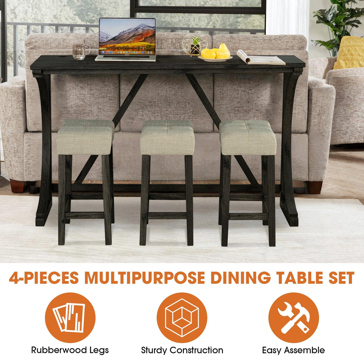 59" Rustic Dining&Bar Table Set with 3 Stools for Apartment, USB-A & USB-C Charging Ports-Parc Decor