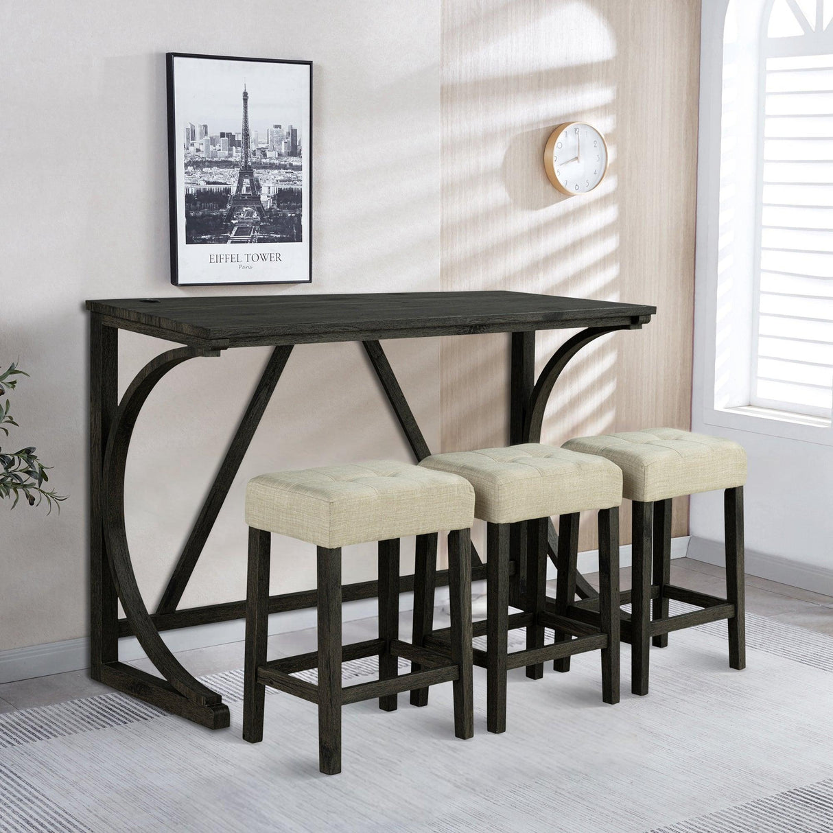 59" Rustic Dining&Bar Table Set with 3 Stools for Apartment, USB-A & USB-C Charging Ports-Parc Decor