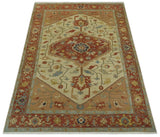 5.4x8 Hand Knotted Rust, Beige and Peach Traditional Turkish Knot Heriz wool area Rug