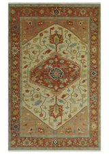 5.4x8 Hand Knotted Rust, Beige and Peach Traditional Turkish Knot Heriz wool area Rug