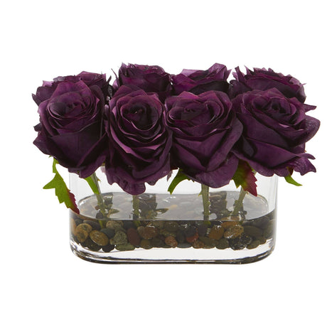 5.5” Blooming Roses in Glass Vase Artificial Arrangement-Parc Decor