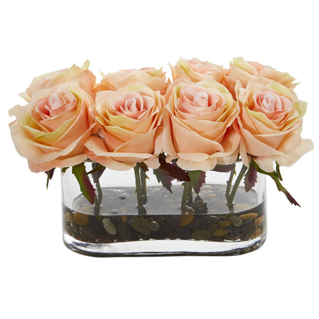 5.5” Blooming Roses in Glass Vase Artificial Arrangement-Parc Decor