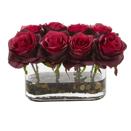 5.5” Blooming Roses in Glass Vase Artificial Arrangement-Parc Decor