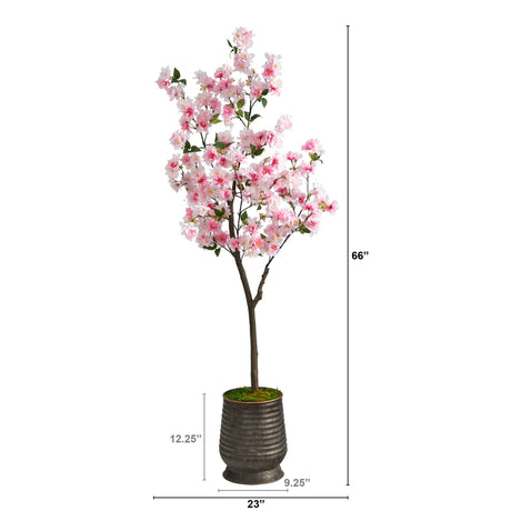 5.5’ Cherry Blossom Artificial Tree in Ribbed Metal Planter-Parc Decor