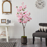 5.5’ Cherry Blossom Artificial Tree in Ribbed Metal Planter-Parc Decor