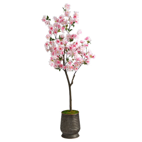 5.5’ Cherry Blossom Artificial Tree in Ribbed Metal Planter-Parc Decor