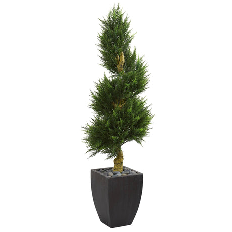 5.5’ Cypress Spiral Artificial Tree in Black Wash Planter (Indoor/Outdoor)-Parc Decor