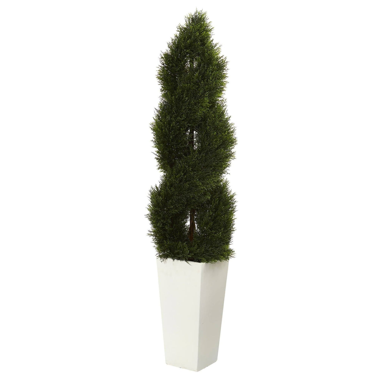 5.5’ Double Cypress Spiral Topiary Artificial Tree in White Planter (Indoor/Outdoor)-Parc Decor