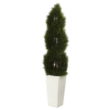 5.5’ Double Cypress Spiral Topiary Artificial Tree in White Planter (Indoor/Outdoor)-Parc Decor