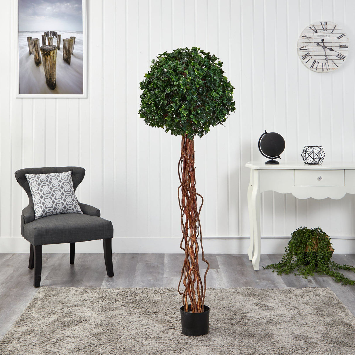 5.5’ English Ivy Single Ball Artificial Topiary Tree with Natural Trunk UV Resistant (Indoor/Outdoor)-Parc Decor