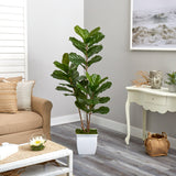 5.5’ Fiddle Leaf Artificial Tree in White Metal Planter(Indoor/Outdoor)-Parc Decor