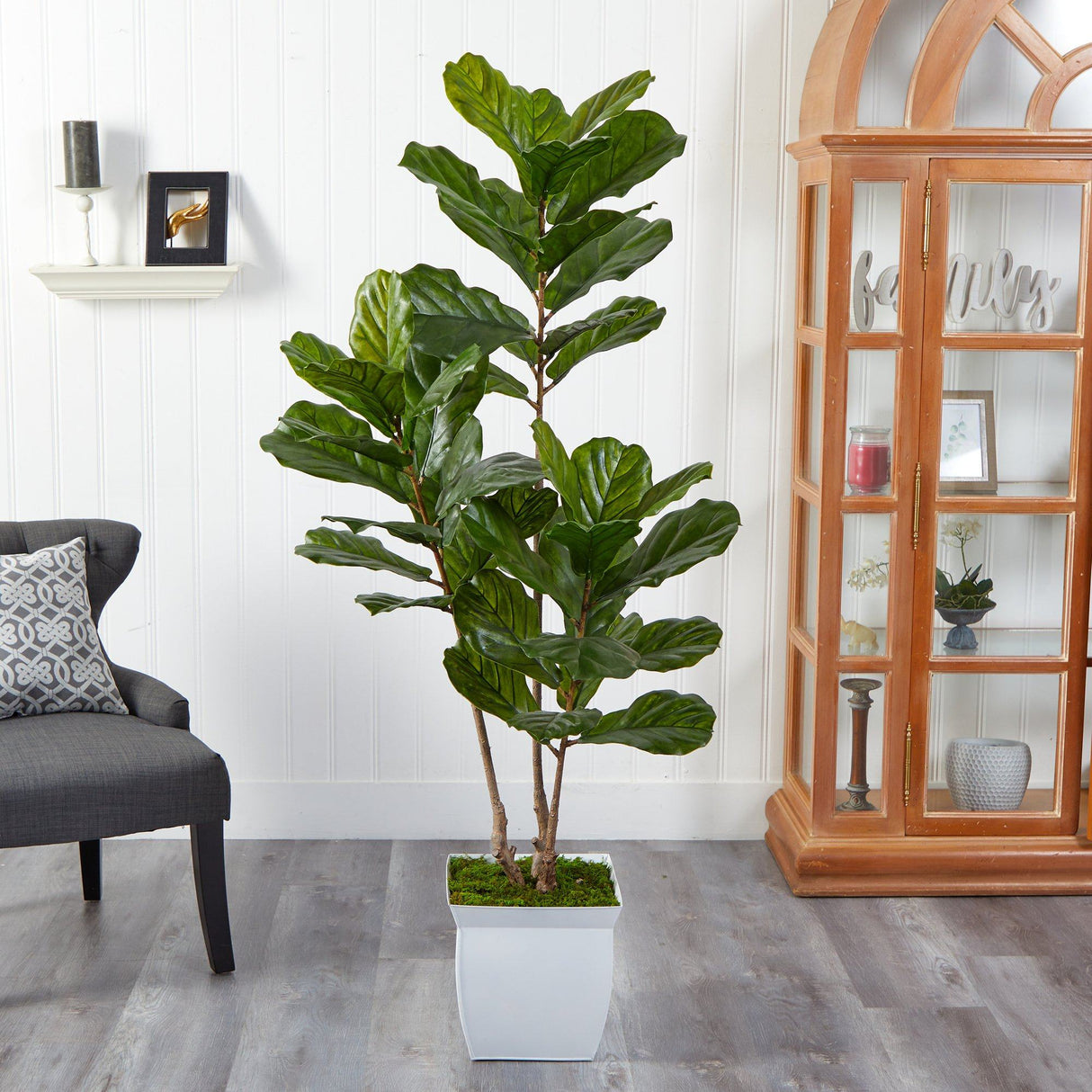 5.5’ Fiddle Leaf Artificial Tree in White Metal Planter(Indoor/Outdoor)-Parc Decor