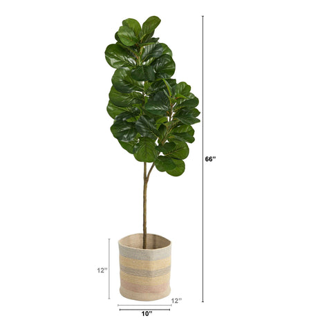 5.5’ Fiddle Leaf Fig Artificial Tree in Handmade Natural Cotton Multicolored Woven Planter-Parc Decor
