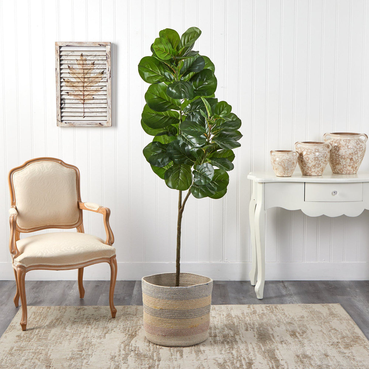 5.5’ Fiddle Leaf Fig Artificial Tree in Handmade Natural Cotton Multicolored Woven Planter-Parc Decor