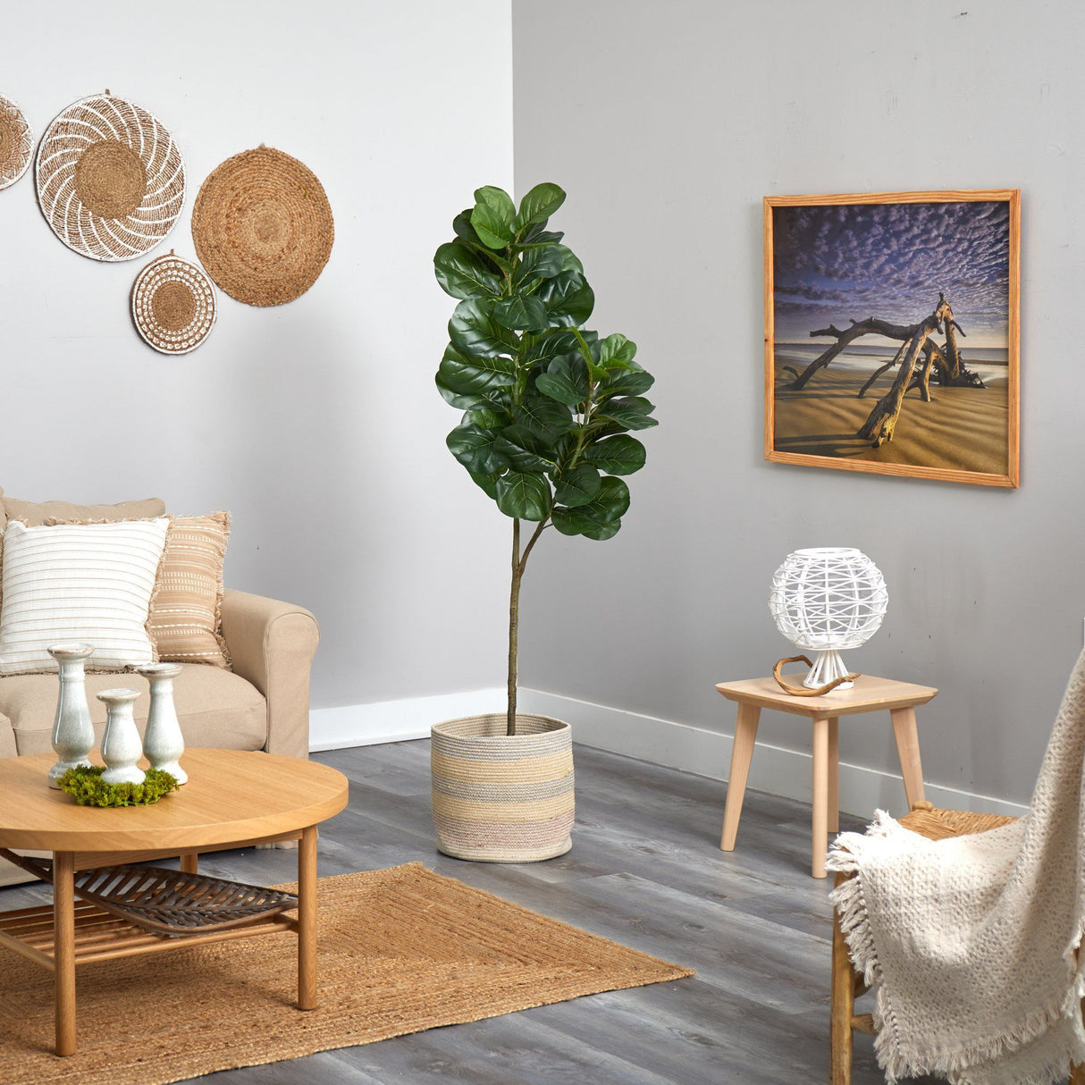 5.5’ Fiddle Leaf Fig Artificial Tree in Handmade Natural Cotton Multicolored Woven Planter-Parc Decor