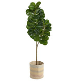 5.5’ Fiddle Leaf Fig Artificial Tree in Handmade Natural Cotton Multicolored Woven Planter-Parc Decor