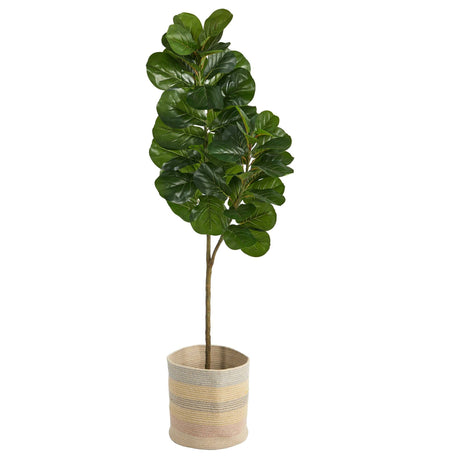 5.5’ Fiddle Leaf Fig Artificial Tree in Handmade Natural Cotton Multicolored Woven Planter-Parc Decor