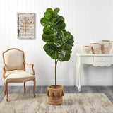 5.5’ Fiddle Leaf Fig Artificial Tree in Handmade Natural Jute Planter with Tassels-Parc Decor
