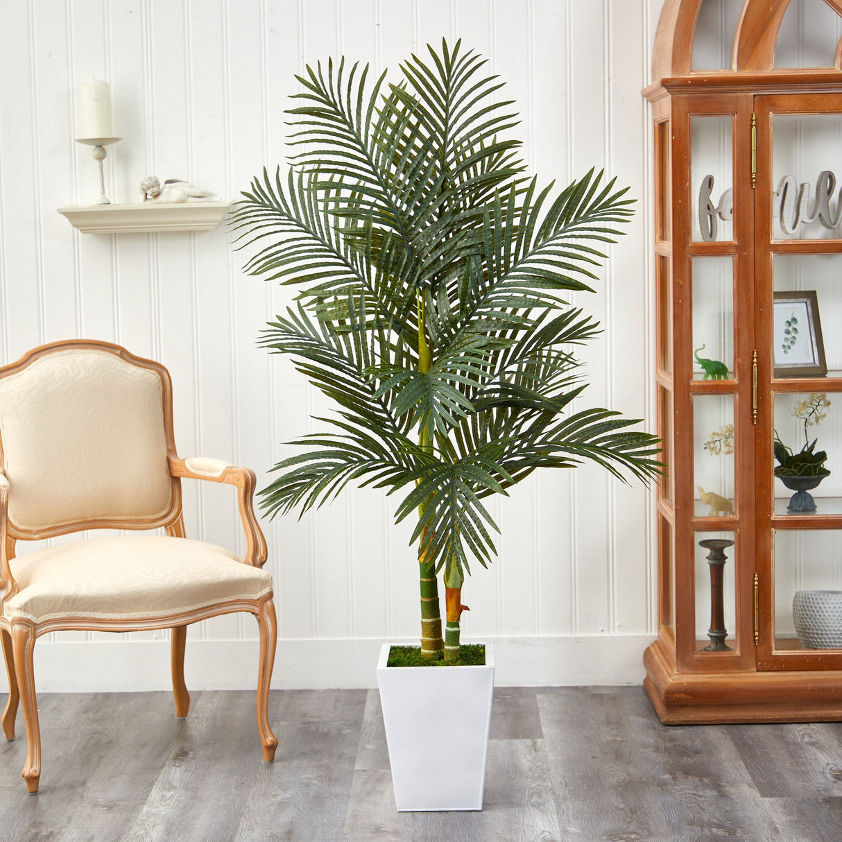5.5’ Golden Cane Artificial Palm Tree in White Metal Planter-Parc Decor