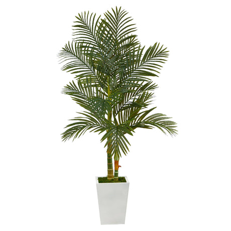 5.5’ Golden Cane Artificial Palm Tree in White Metal Planter-Parc Decor