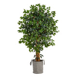5.5’ Palace Ficus Artificial Tree in Handmade Black and White Natural Jute and Cotton Planter-Parc Decor