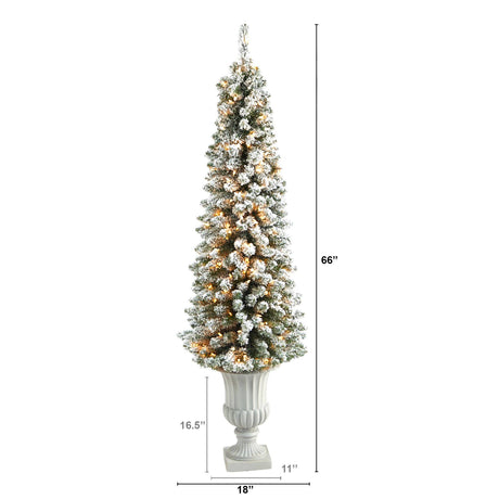 5.5’ Flocked Pencil Artificial Christmas Tree with 200 Clear Lights and 318 Bendable Branches in Decorative Urn-Christmas Tree-Parc Decor