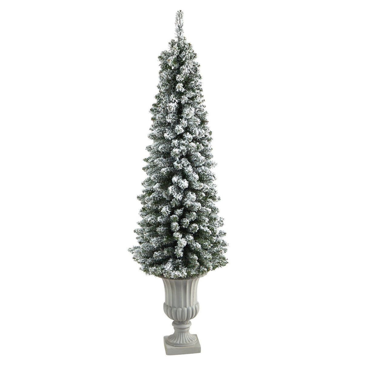 5.5’ Flocked Pencil Artificial Christmas Tree with 200 Clear Lights and 318 Bendable Branches in Decorative Urn-Christmas Tree-Parc Decor