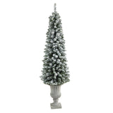 5.5’ Flocked Pencil Artificial Christmas Tree with 200 Clear Lights and 318 Bendable Branches in Decorative Urn-Christmas Tree-Parc Decor