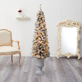 5.5’ Flocked Pencil Artificial Christmas Tree with 200 Clear Lights and 318 Bendable Branches in Decorative Urn-Christmas Tree-Parc Decor