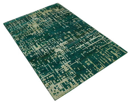 5.6x8 Hand Knotted Green and Beige Modern Abstract Recycled Silk Area Rug