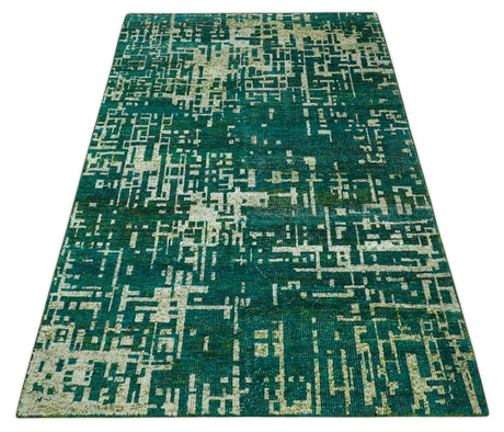 5.6x8 Hand Knotted Green and Beige Modern Abstract Recycled Silk Area Rug