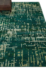 5.6x8 Hand Knotted Green and Beige Modern Abstract Recycled Silk Area Rug