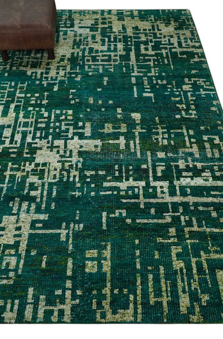 5.6x8 Hand Knotted Green and Beige Modern Abstract Recycled Silk Area Rug