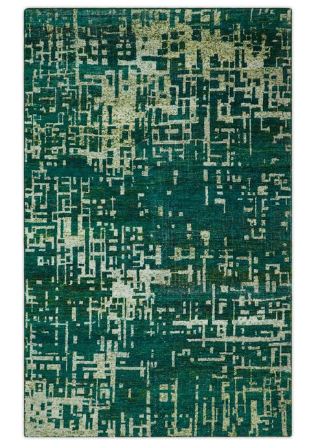 5.6x8 Hand Knotted Green and Beige Modern Abstract Recycled Silk Area Rug