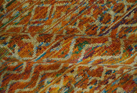 5.6x8.6 Hand Knotted Rust and Beige Modern Contemporary Southwestern Tribal Trellis Recycled wool Area Rug