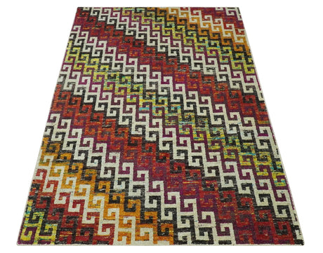 5.6x8.6 Ivory, Rust, Black and Mustard Greek key design Hand Knotted wool area rug
