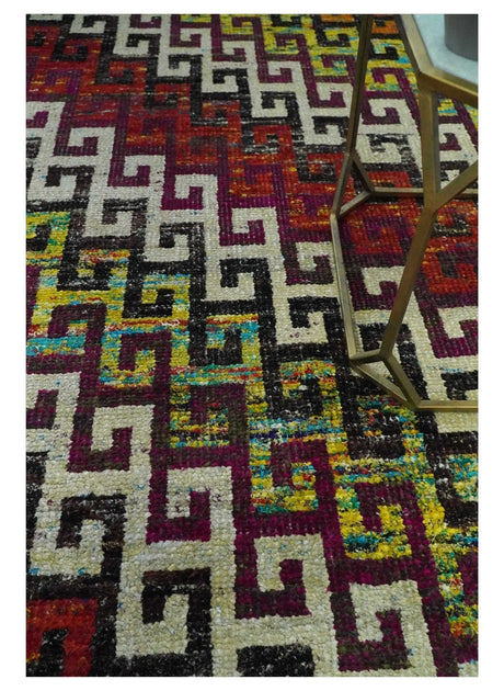 5.6x8.6 Ivory, Rust, Black and Mustard Greek key design Hand Knotted wool area rug