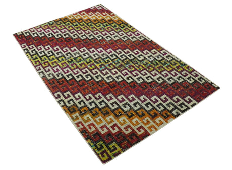 5.6x8.6 Ivory, Rust, Black and Mustard Greek key design Hand Knotted wool area rug