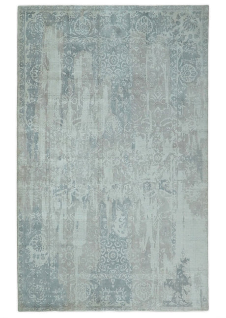 5.8x7.9 Modern Abstract Blue and Brown Hand Loom Wool Rug