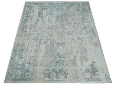 5.8x7.9 Modern Abstract Blue and Brown Hand Loom Wool Rug