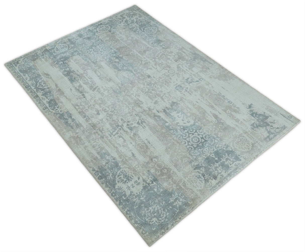 5.8x7.9 Modern Abstract Blue and Brown Hand Loom Wool Rug