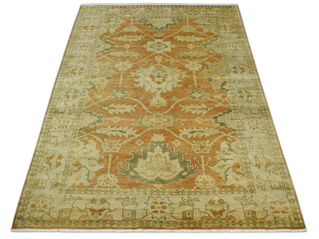 5.8x8.4 Hand Knotted Rust and Beige Traditional Oushak Wool Area Rug