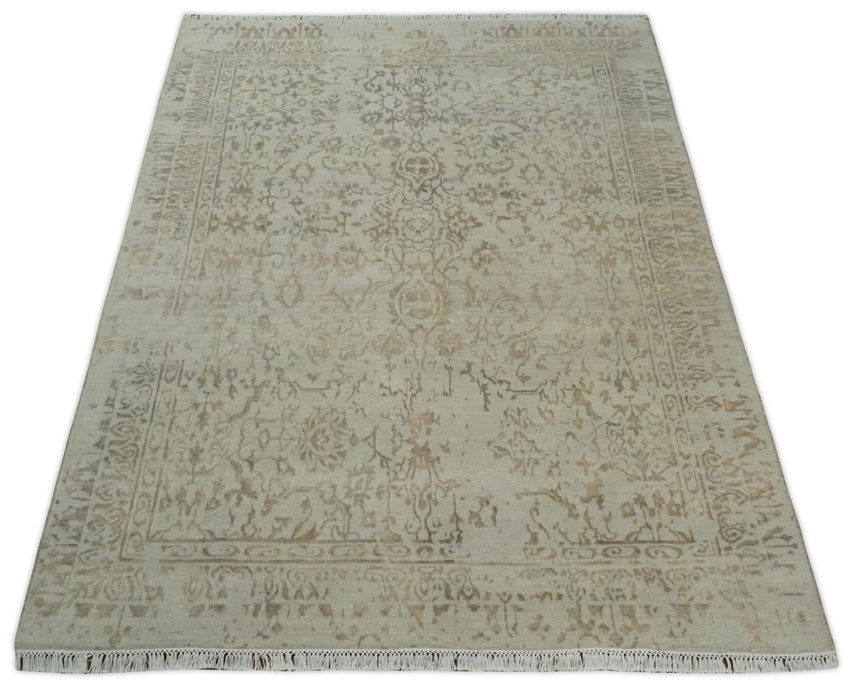 5x7 Fine Hand Knotted Beige and Brown Traditional Style Antique Wool and Silk Rug