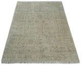 5x7 Fine Hand Knotted Beige and Brown Traditional Style Antique Wool and Silk Rug
