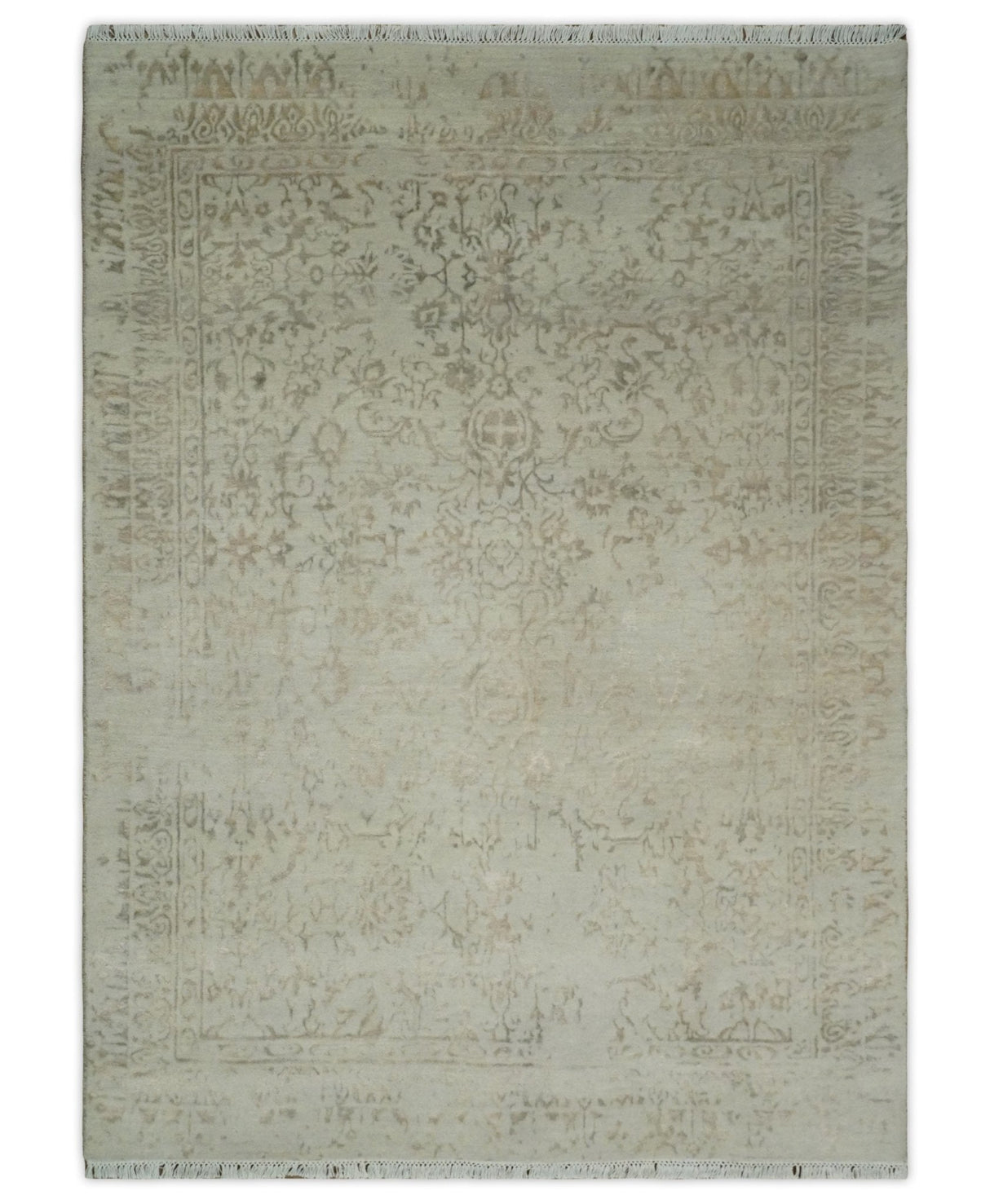 5x7 Fine Hand Knotted Beige and Brown Traditional Style Antique Wool and Silk Rug